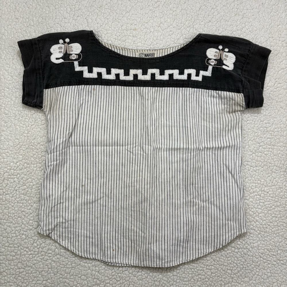 Handmade‎ El Salvador Artisan Embroidered Huipil Blouse Butterfly Striped Cotton